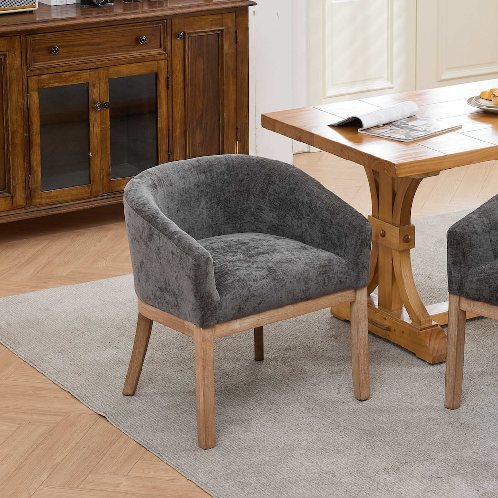 Mid Century Modern Upholstered Barrel Dining Chairs with Arms, Farmhouse Linen Kitchen Chairs with Natural Hardwood Frame