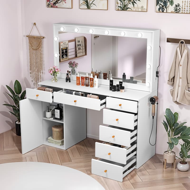 Makeup Vanity with Mirror and Lights Vanity Desk with Large Glass Top - White