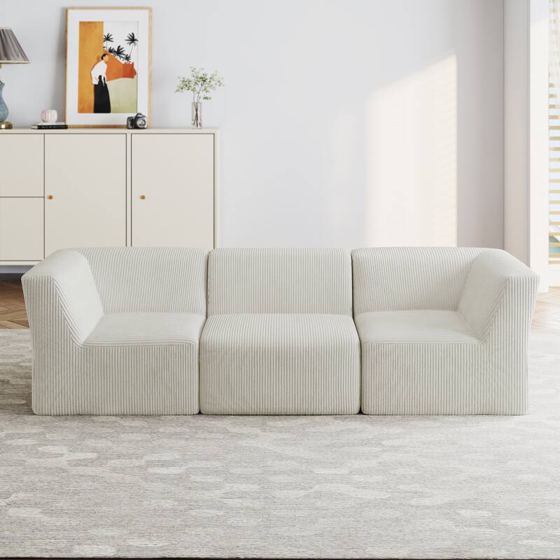 UIXE 106" W Corduroy Deep Seat Comfy 3 Seater Modular Sofa - 106" W - Beige