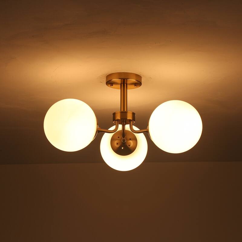 23.2" W 3-Light Bohemian Farmhouse Gold/White Sputnik Frosted Opal Bubble Glass Semi-Flush Mount Ceiling Light