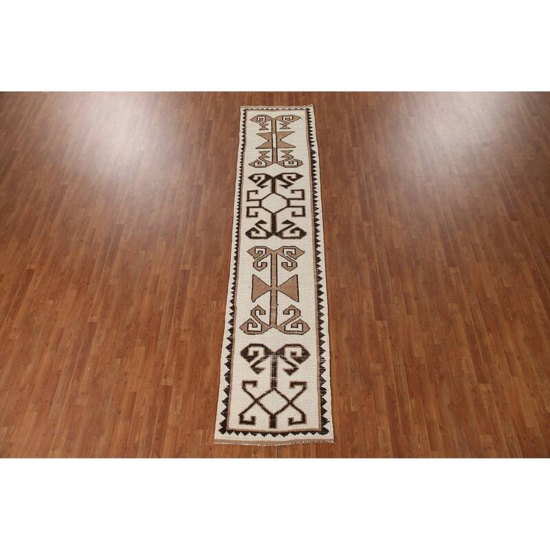 Natural Dye Ivory Anatolian Turkish Runner Rug Handmade Wool Carpet - 2'7"x 11'9"