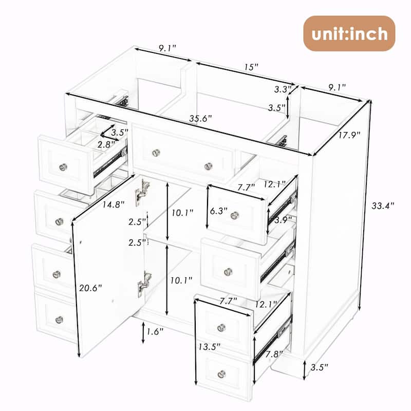 36" Bathroom Vanity with Sink Combo: Cabinet, Six Drawers