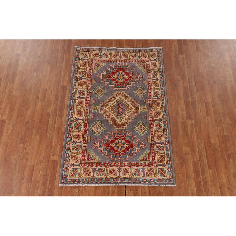 Grey Geometric Kazak Area Rug Handmade Oriental Wool Carpet - 4'1" x 6'2"