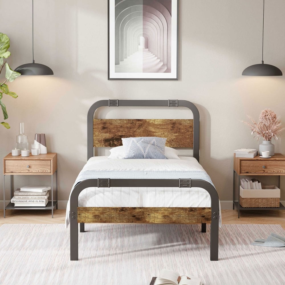 Industrial Platform Bed with Strong Metal Support, Wooden Headboard and Footboard