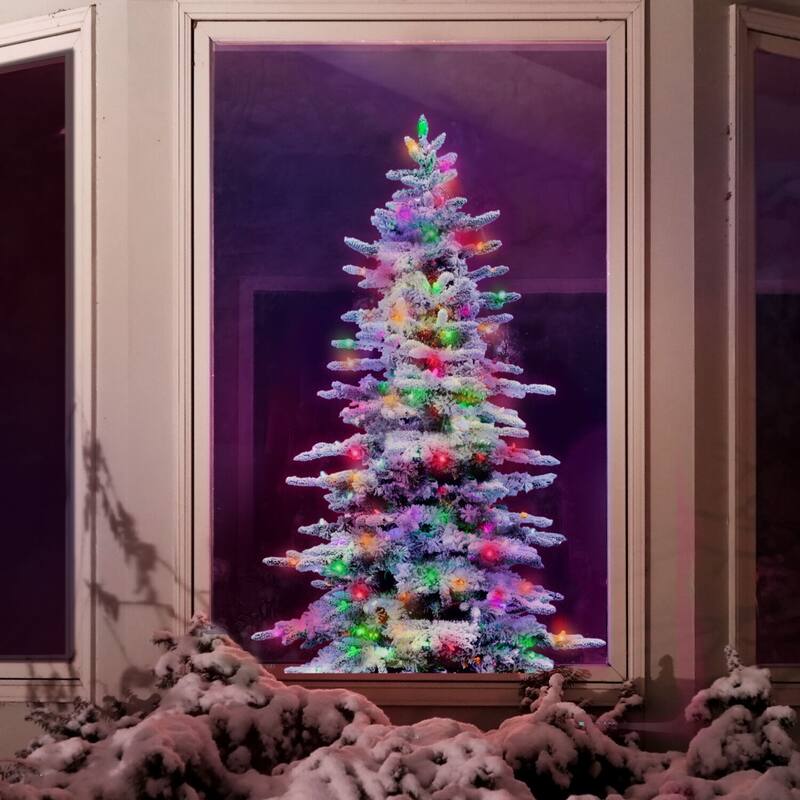Fraser Hill Farm 6.5-Ft. Flocked Mountain Pine Christmas Tree with Multi-Color LED String Lighting - 6.5 Foot