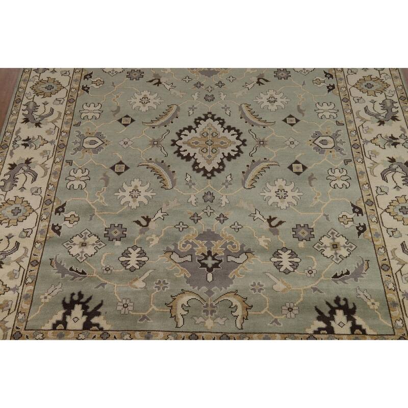 Green Floral Oushak Indian Area Rug Hand-Knotted Wool Carpet - 9'1"x 11'10"