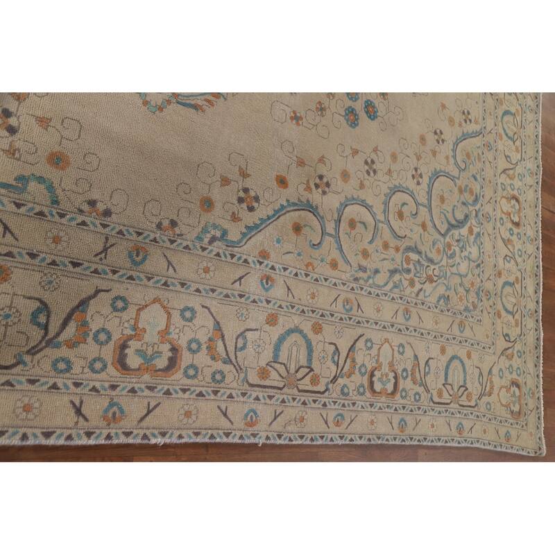 Hand Knotted Oriental 100% Wool Carpet Traditional Floral Beige & Ivories Tabriz Area Rug - 12' 7'' X 9' 5''