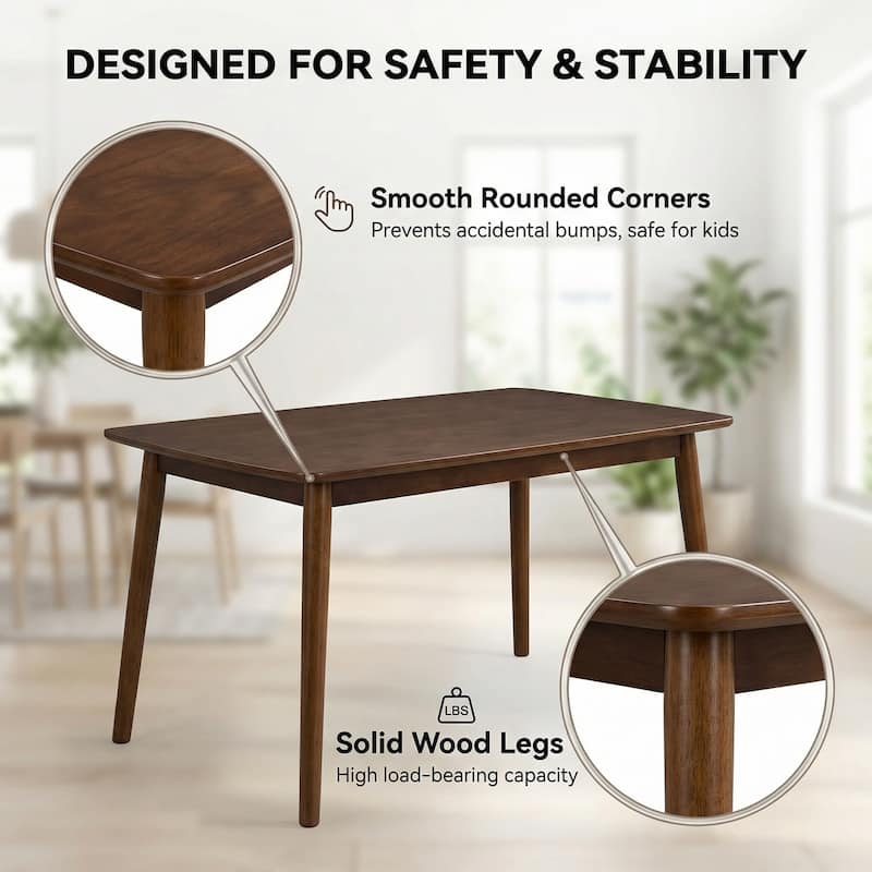 Solid Wood Dining Table, 47"Rectangular Dining Table, Mid Century Modern Kitchen Table with Rounded Corners, Easy to Assemble