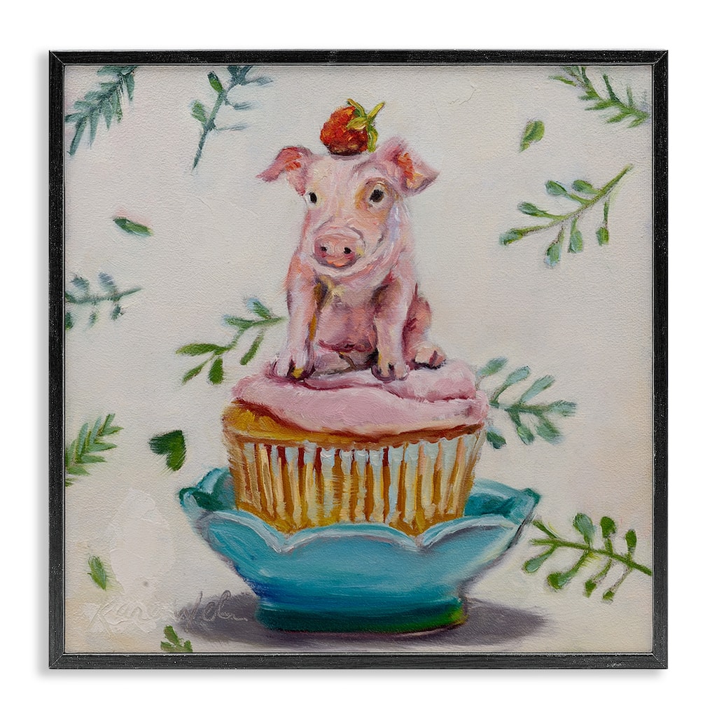 Stupell Charming Teacup Pig on Strawberry Cupcake Dessert Framed Wall Art, 12x12