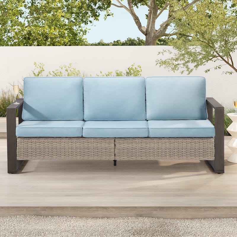 Cozywor Wicker Outdoor Patio Sofa Steel Frame with Beige Cushions