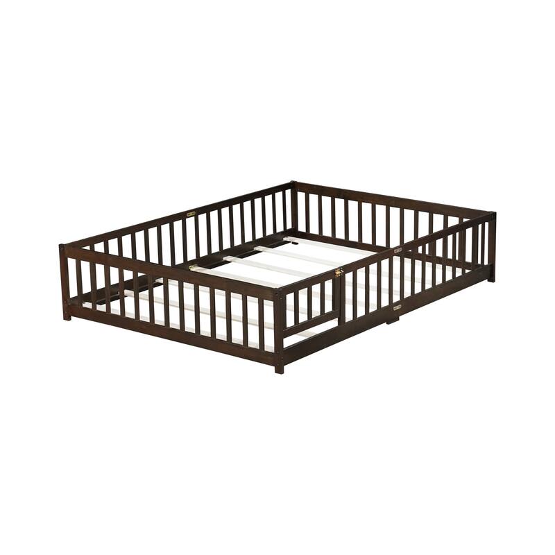 Roomfitters Twin/Full/Queen Rubber Wood Floor Bed with Fence and Swing Door, Safety Guardrails, Low Profile Design