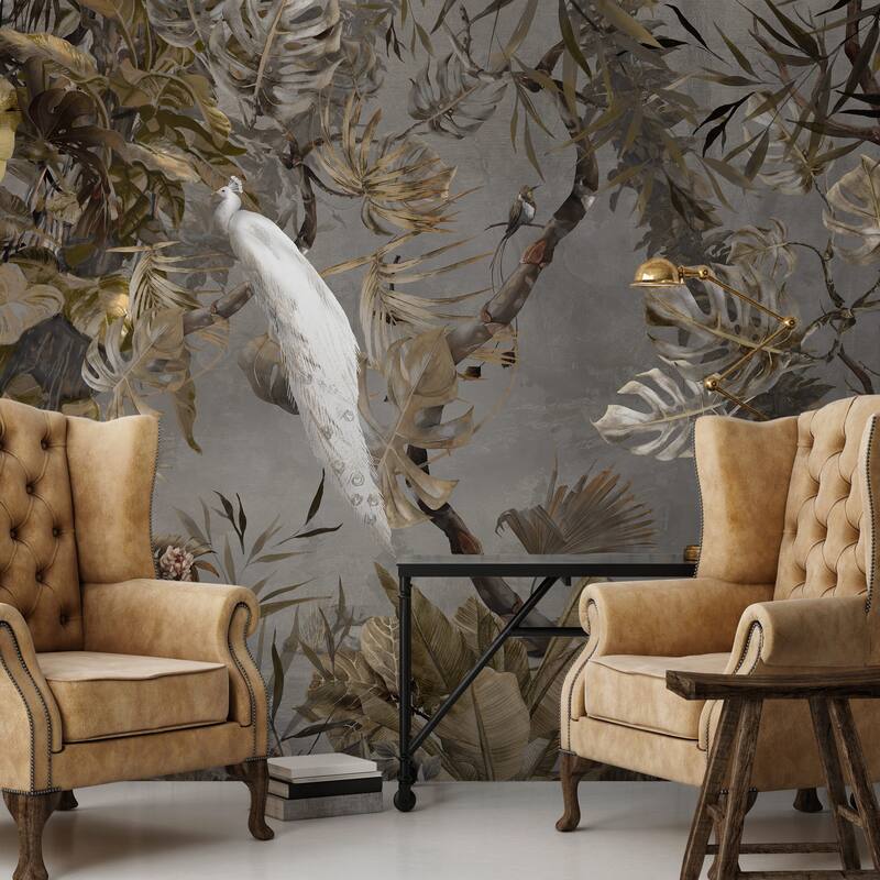 Exotic White Peacock Wallpaper Mural - Brown - W:163" x H:110"