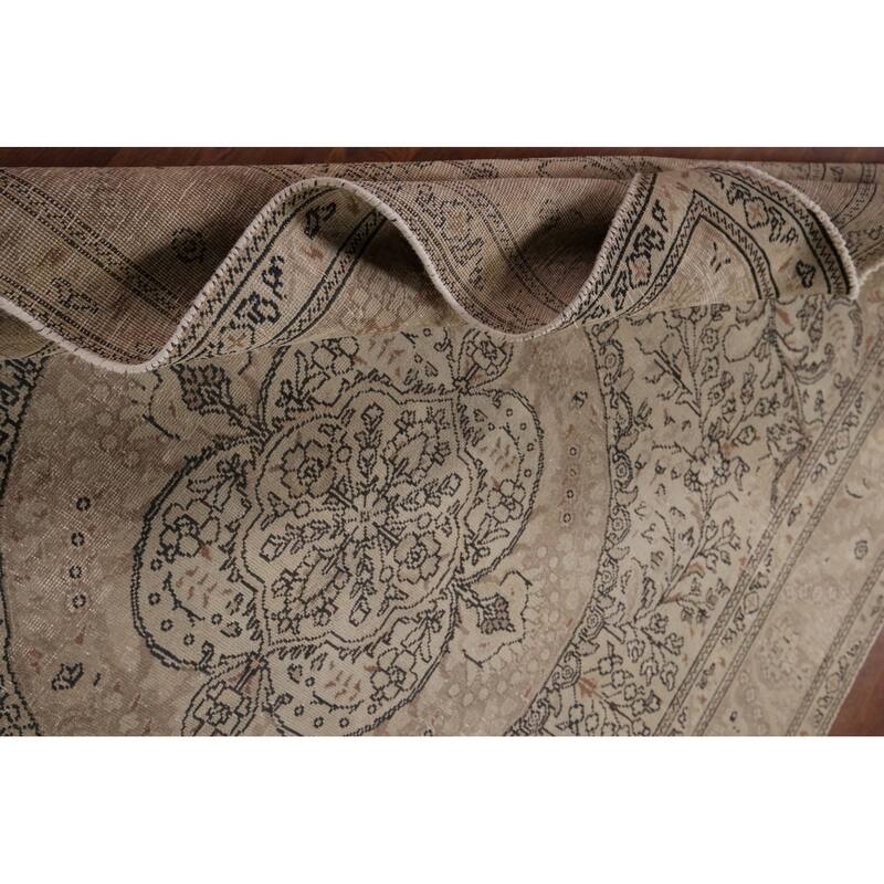Distressed Tabriz Vintage Persian Rug Hand-Knotted Beige Wool Carpet - 6'6" x 9'11"