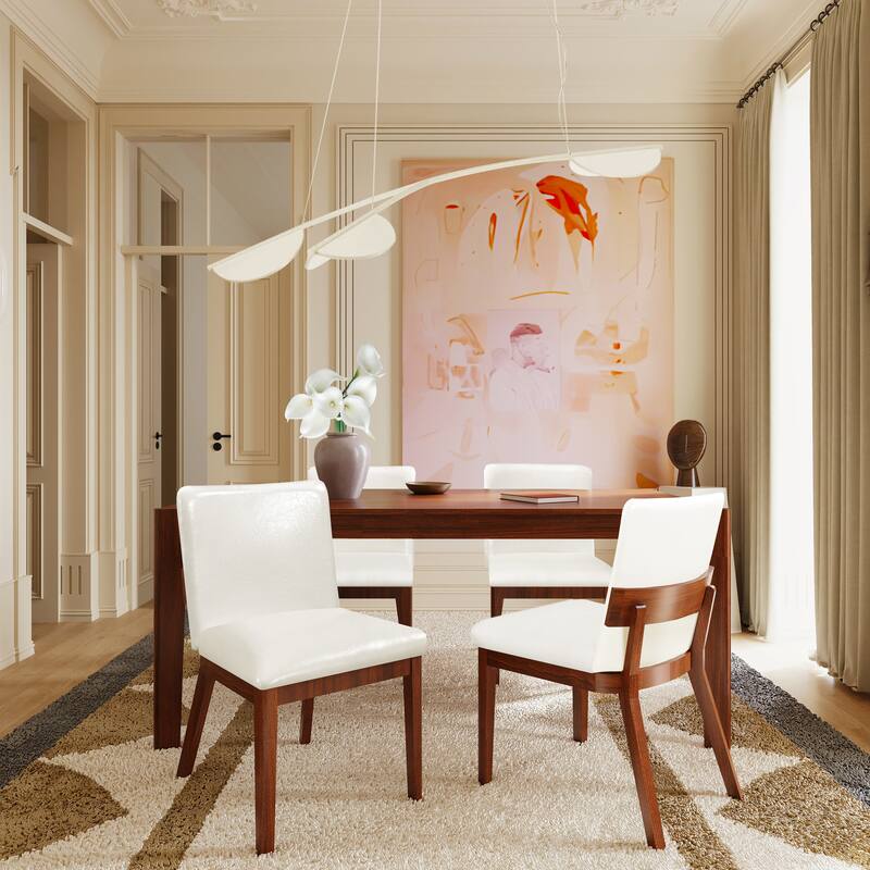 Modern Finish Wood & White Glossy PU Leather Upholstered Dining Chairs Set of 2 - White+Walnut