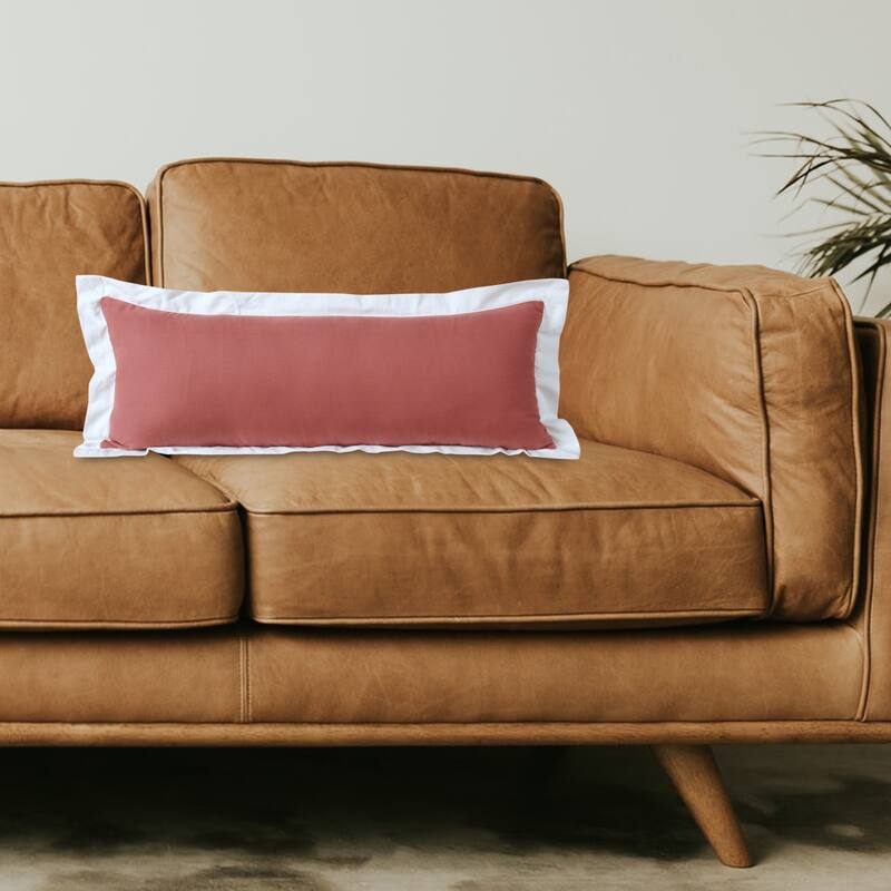 HomeRoots 14" X 36" Deep Coral And White 100% Cotton Geometric Zippered Pillow