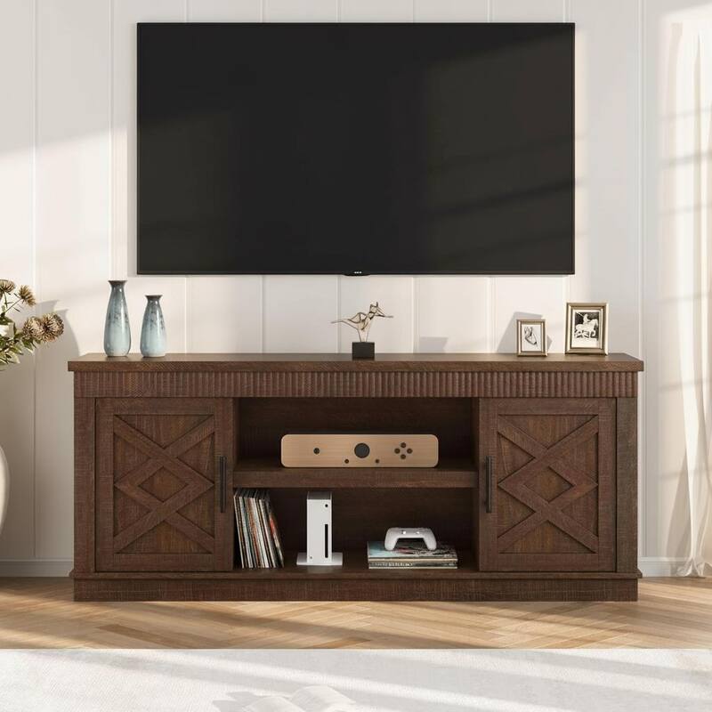 Fluted TV Stand, with 2 Door &Open Storage Shelf - Red Brown