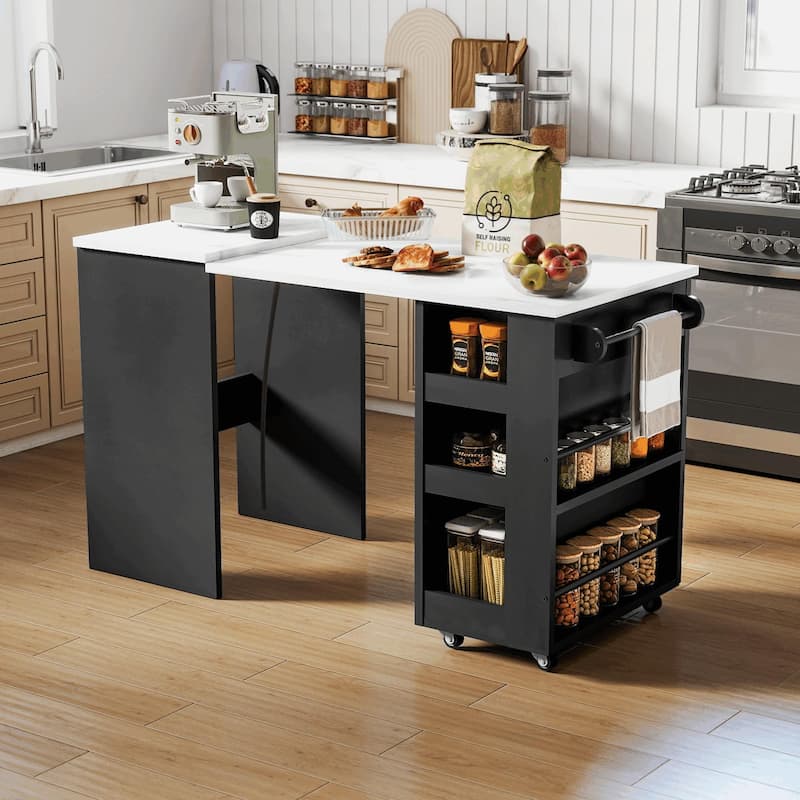EROMMY Foldable Kitchen Island Table with Storage, Rolling Collapsible Dining & Work Table. - Black