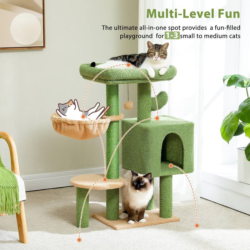 Cat Tree Tower w/Sisal Scratching Post, Condo, Large Top Perch, Hammock & 2 Dangling Balls