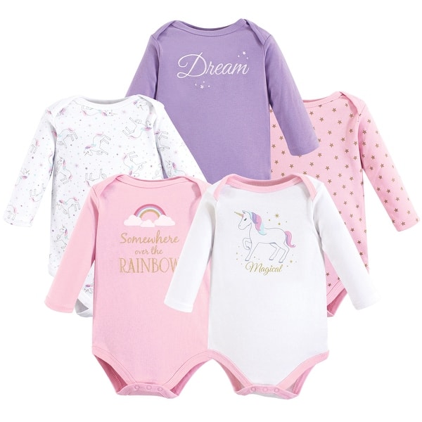 slide 1 of 1, Hudson Baby Infant Girl Cotton Long-Sleeve Bodysuits 5pk, Magical Unicorn 0-3 Months - Magical Unicorn