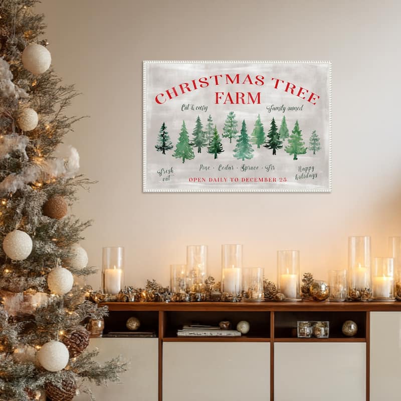 Christmas Tree Farm Sign by Rosana Laiz Blursbyai Framed Canvas Wall Art Print - Sylvie Beaded White