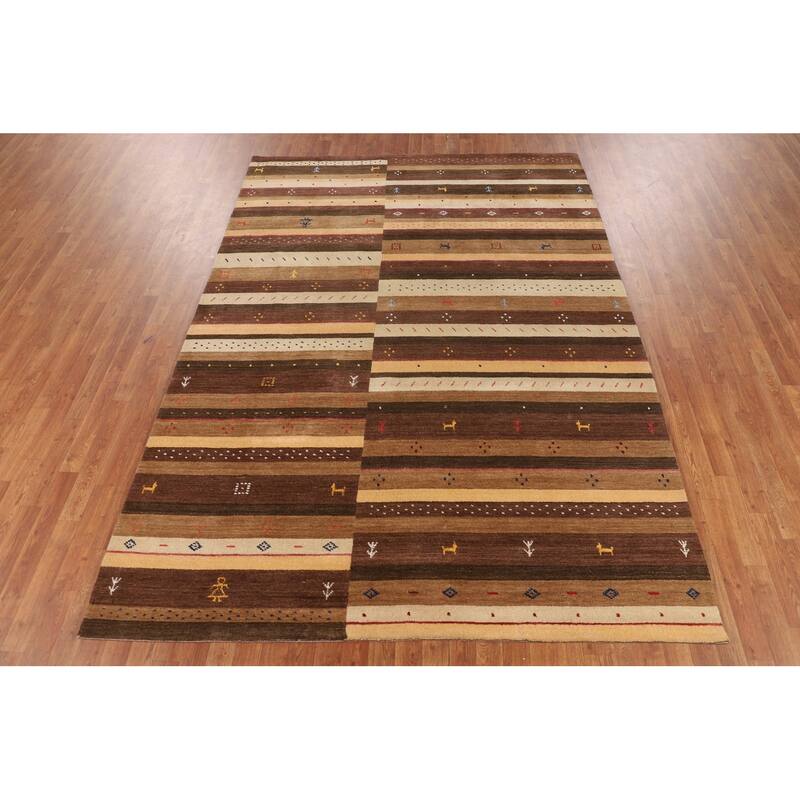 Striped Gabbeh Oriental Area Rug Hand-Knotted Brown Wool Carpet - 6'9" x 9'11"
