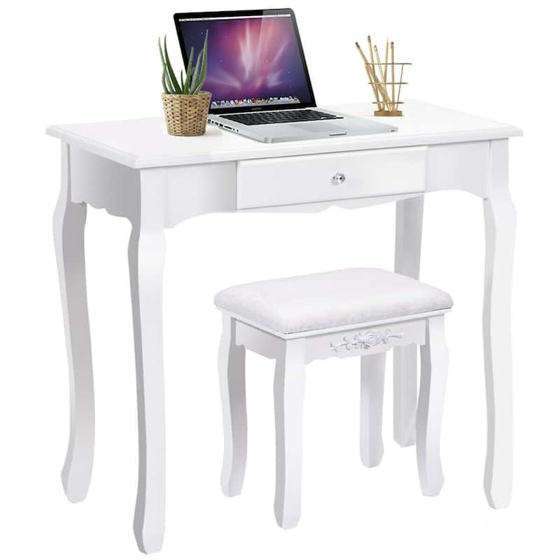 Costway White Vanity Wood Makeup Dressing Table Stool 3 Drawer
