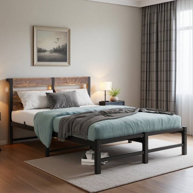 Queen Size Metal Bed Frame with Rustic Brown Wooden Headboard, RGB LED Lights, Charging Station, Storage Shelf, Noise-Free - Full Beige+Brown - Full
