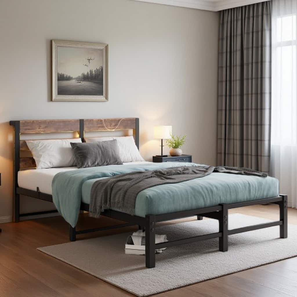 Queen Size Metal Bed Frame with Rustic Brown Wooden Headboard, RGB LED Lights, Charging Station, Storage Shelf, Noise-Free