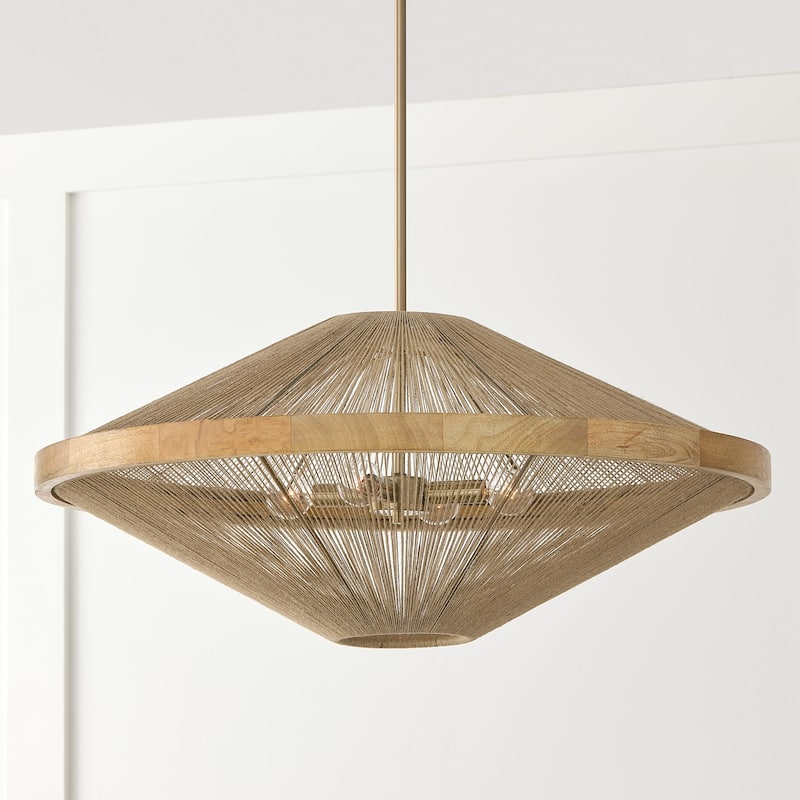 4-Light Pendant in Matte Brass with Mango Wood and Handwrapped Natural Jute Rope String