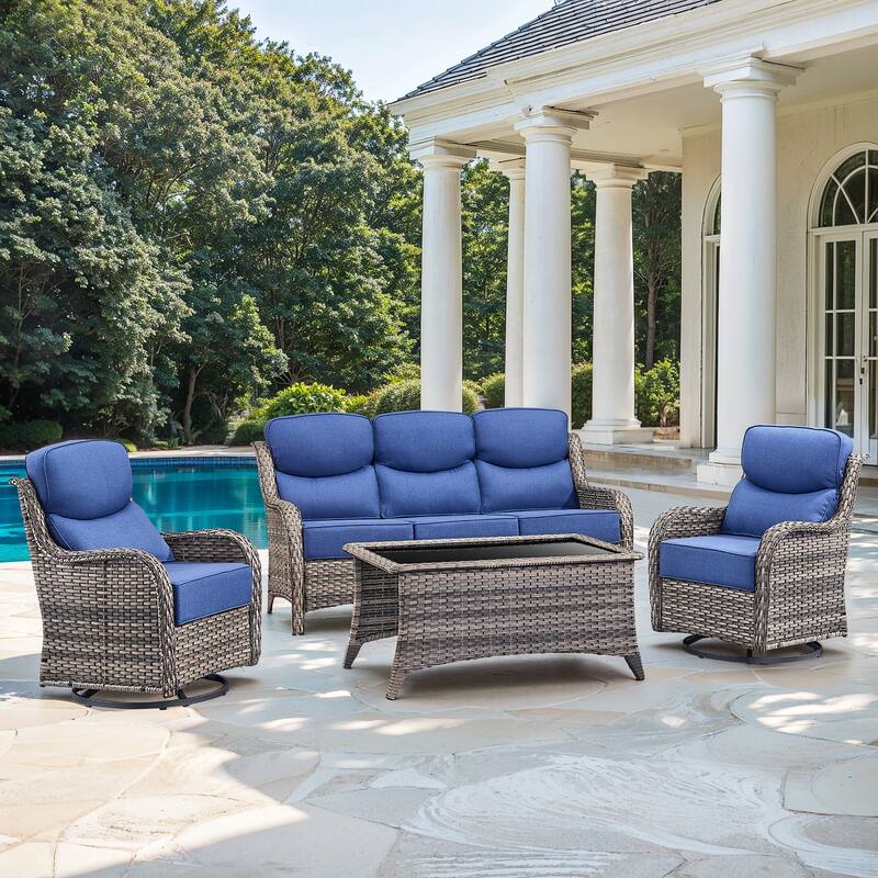 Gymojoy 4-Piece Patio Furniture Set with Swivel Glider Chairs, 6-Inch Ultra-Plush Cushions & Water-Resistant Olefin Fabric - Grey Wicker / Blue Cusion - 4-Piece