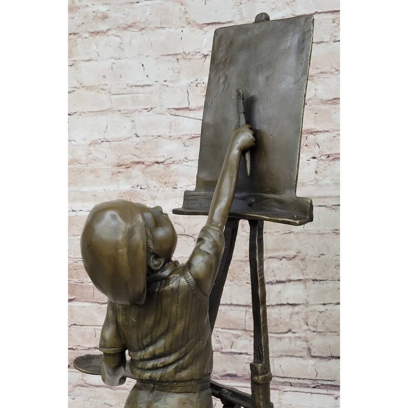 Young Artist Bronze Sculpture – Boy With Easel On Marble Base