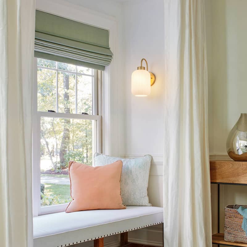 1-Light Mid-Century Modern Gold Wall Sconce with Opal Glass Shade