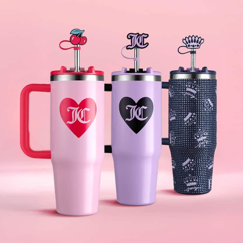 Juicy Couture Jetsetter Hydration Stainless Steel Tumbler with Handle and Straw With Topper