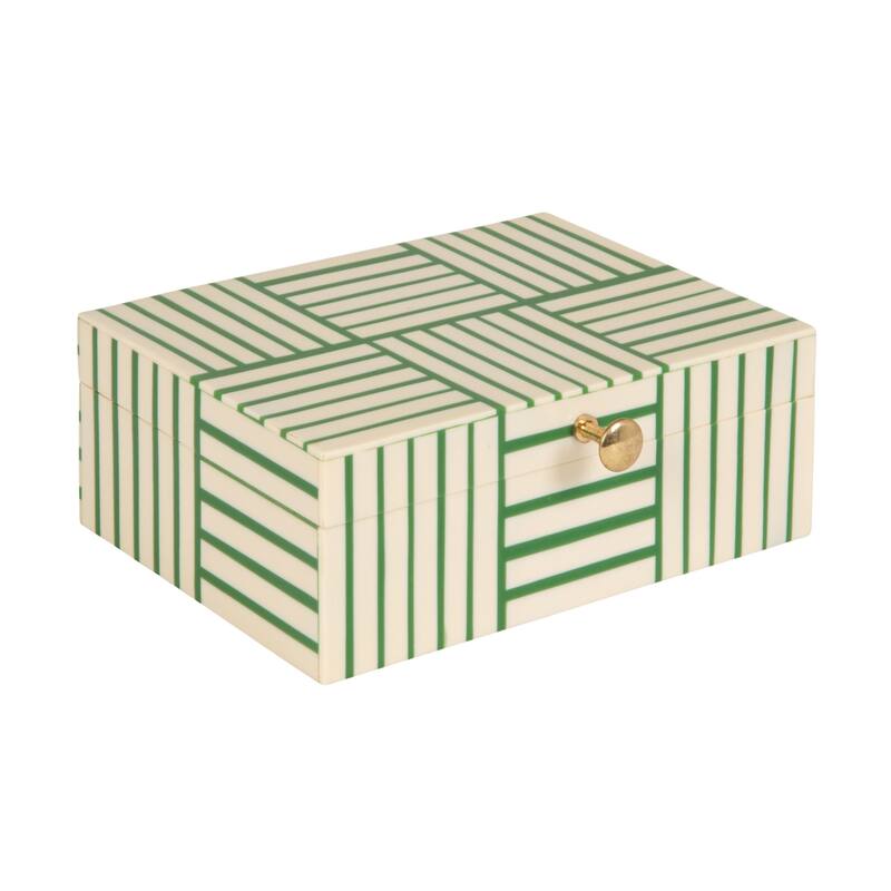 Resin Box with Striped Block Pattern and Gold Clasp - 8.0"L x 6.0"W x 3.0"H - Green;White