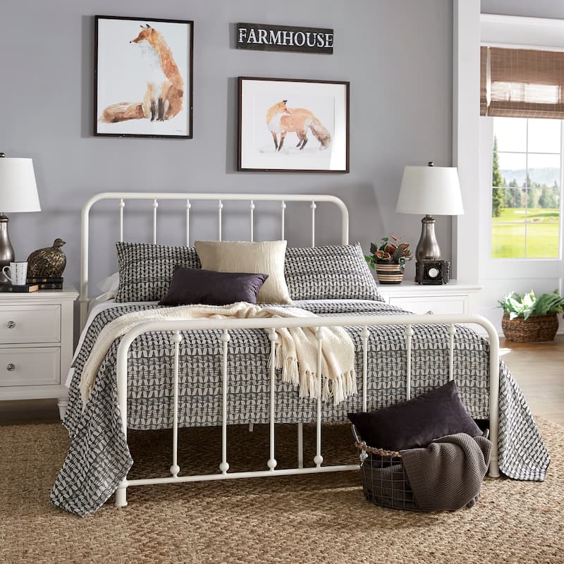 Kae Metal Bed with Beaded Headboard by iNSPIRE Q Classic - White - Queen