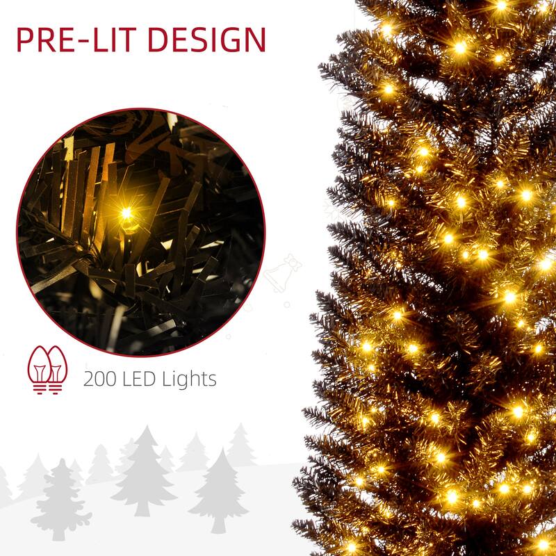 6 ft Black Plastic Steel Slim Pencil Christmas Tree with Warm White LEDs - 18" Dia. x 72"H