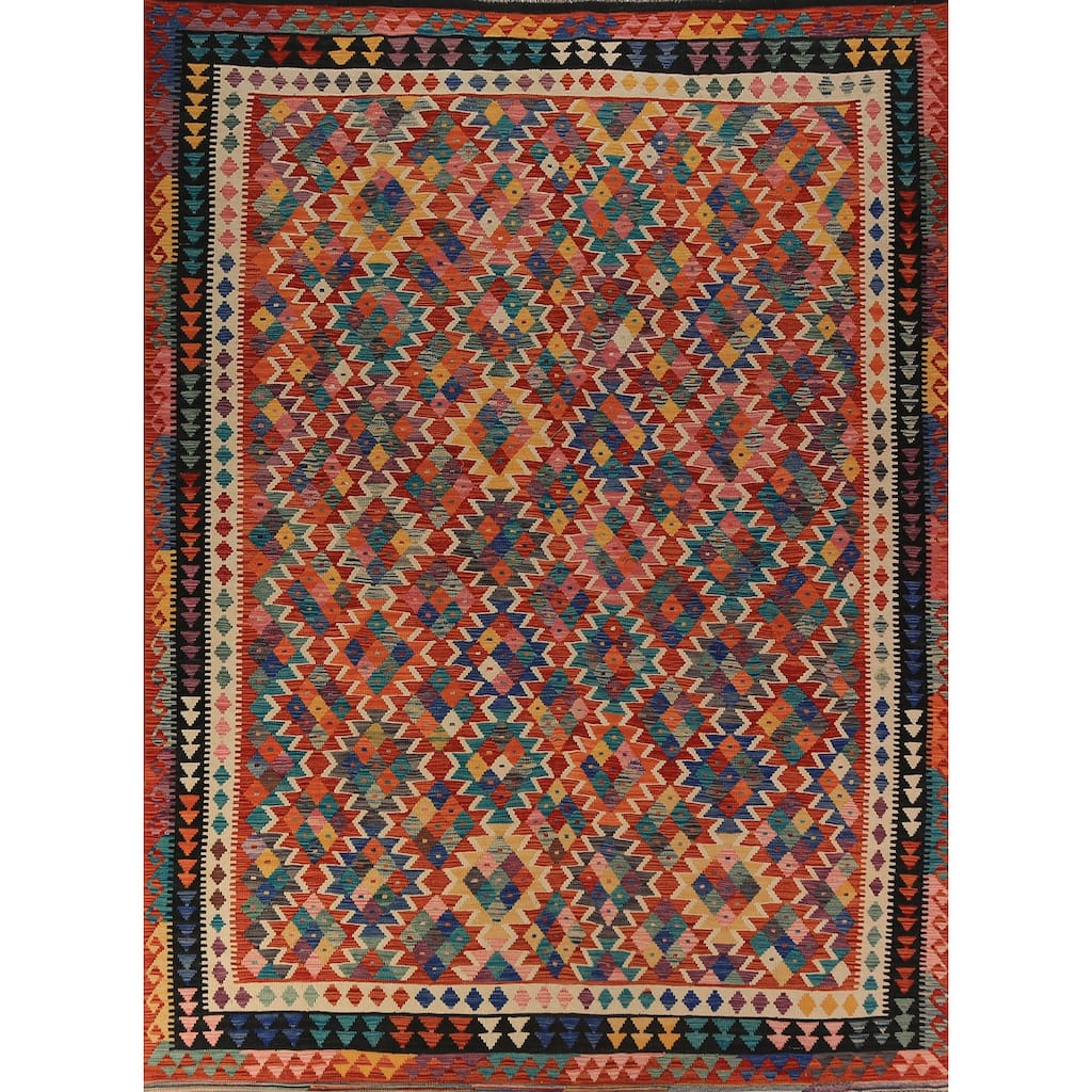 Geometric Kilim Oriental Area Rug Hand-Woven Wool Carpet - 8'5"x 11'3"