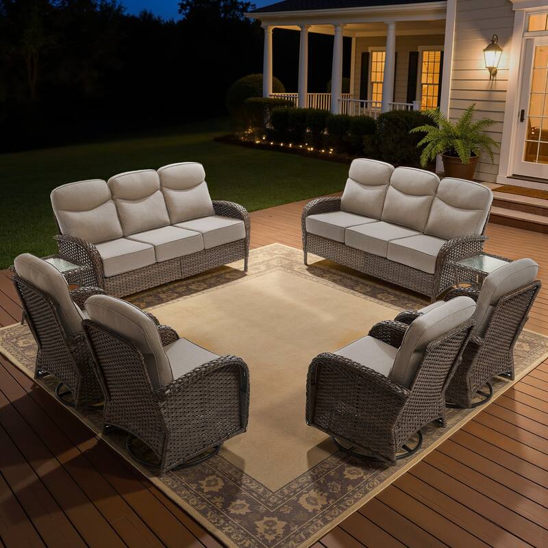 Luna 8-Piece Wicker Patio Conversation Set with Swivel Gliders and 6-Inch Thick Olefin Cushions