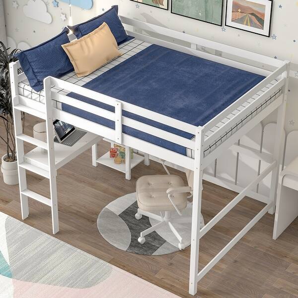 slide 2 of 30, Elegant Full Size Wood Loft Kids Bed with Desk,Guardrail,Ladder,Shelf White