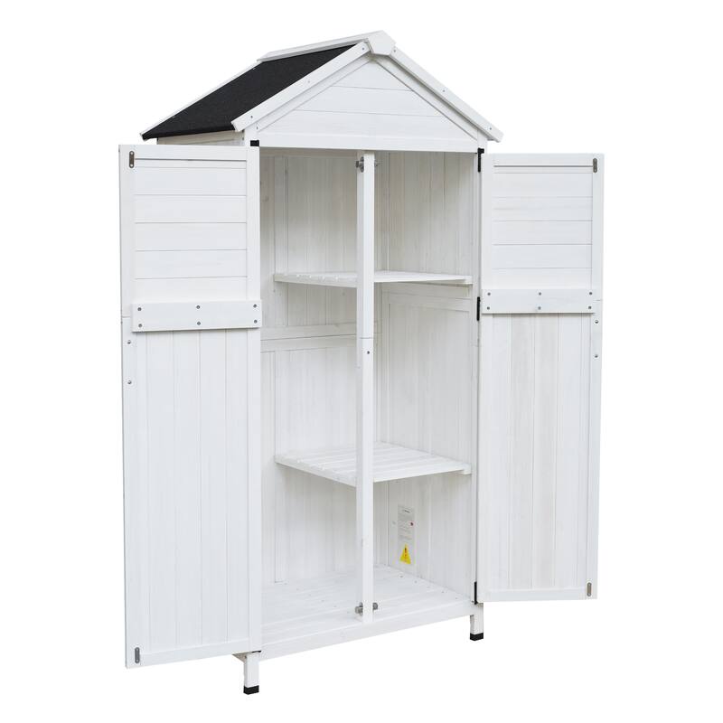 Roomfitters 67 Inch White Fir Wood Outdoor Storage Shed with Double Doors, Waterproof Roof