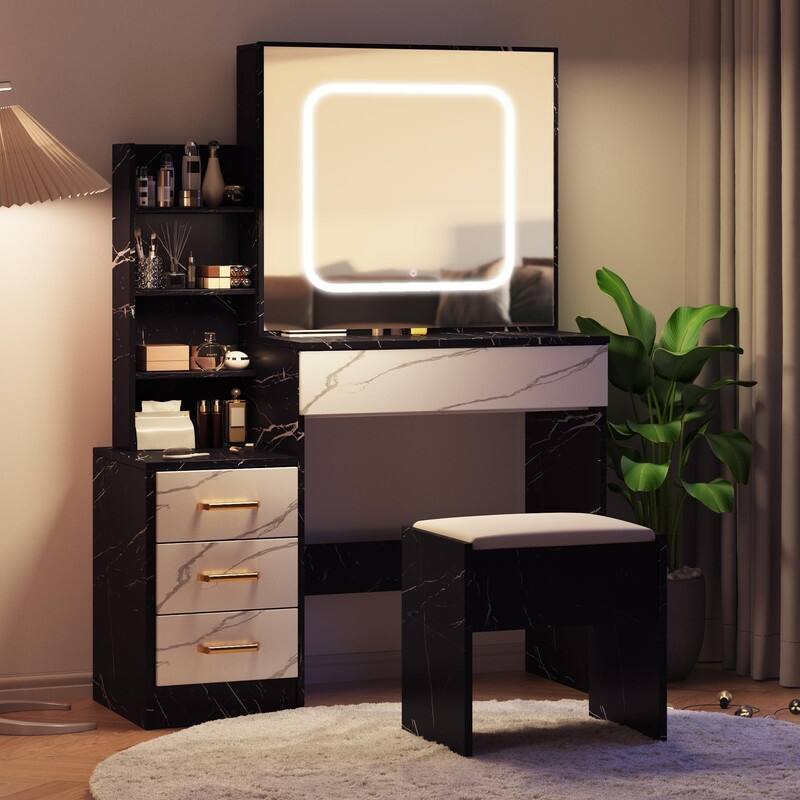 Vanity Desk with Sliding Mirror, Charging Station, 4 Drawers, Shelves, Stool