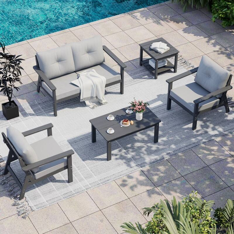6-Piece HDPE Patio Conversation Seating Set with Cushions - 6-Pieces