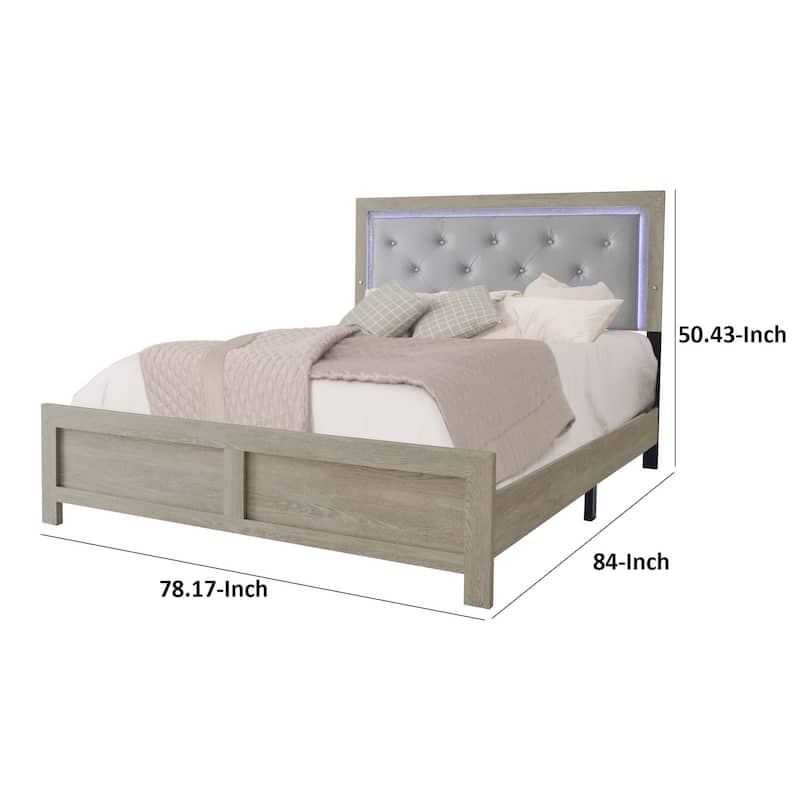 Ancy King Size Bed, Tufted and Upholstered Headboard, Light Gray Finish