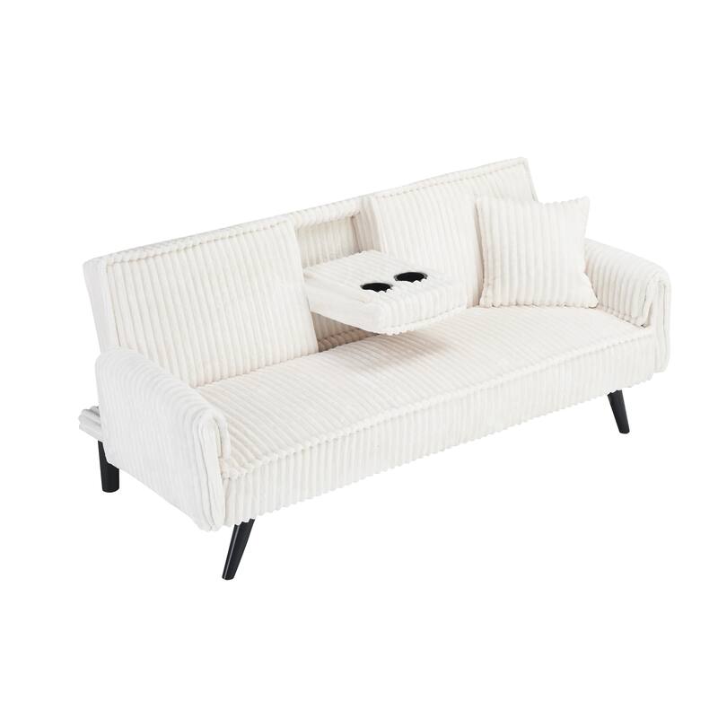 Corduroy Convertible Sleeper Sofa Bed, Upholstered Loveseat with Armrests, Small 2 Seater Sofa with Retractable Cup Holder