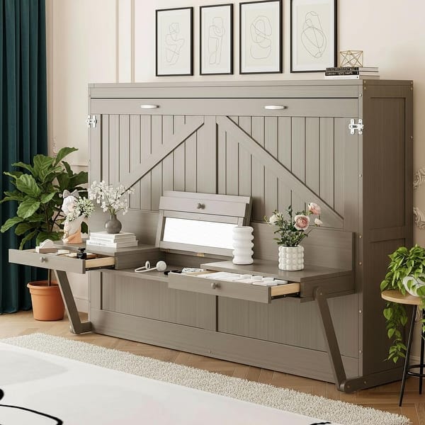 slide 2 of 22, Queen Wall Murphy Bed with Flip-Down Vanity Desk by Harper&Bright Designs Grey