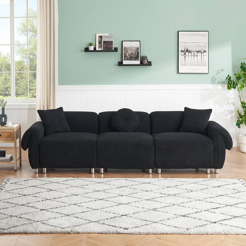 112" teddy velvet fabric, with 3 pillows for living room - Black