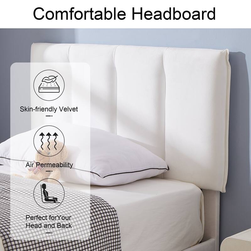 Upholstered Velvet Upholstered Bed Frame with Adjustable Height Headboard No Box Spring Needed Platform Bed Under Bed Storage