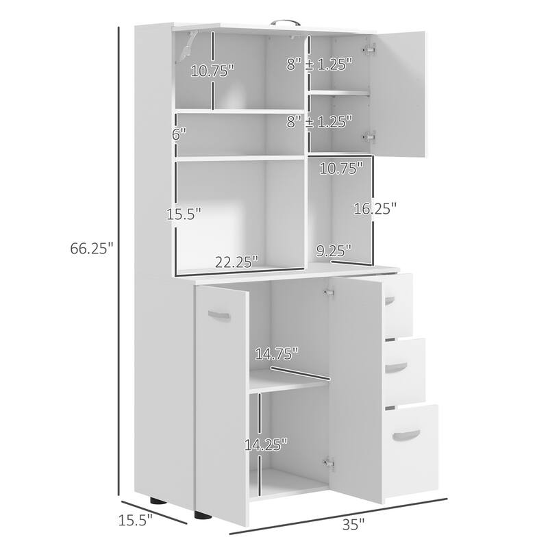 White Kitchen Cabinet Storage with Drawers and Adjustable Shelves Microwave Countertop Space - 35" W x 15.6" D x 66.1" H