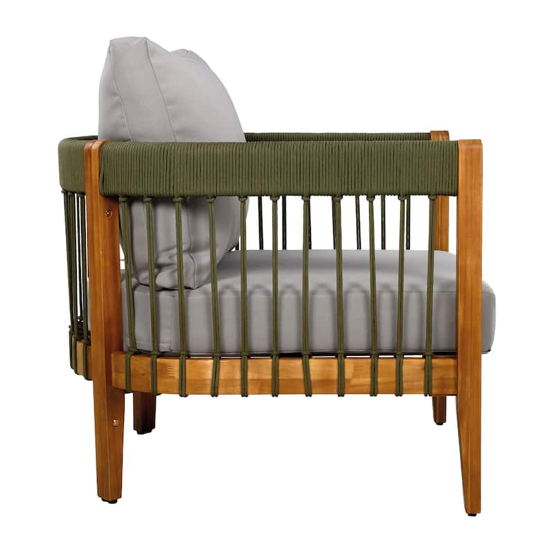 [Set of 2] Acacia Wood Outdoor Club Chair with Handwoven Rope Accents & Curved Backrest - Water-Resistant,Removable Cushions