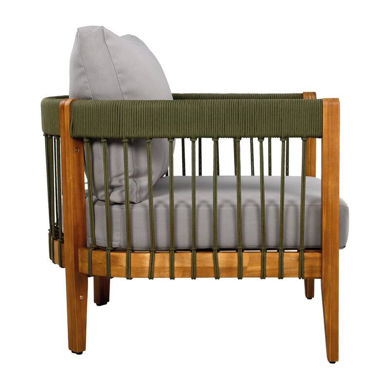 Acacia Wood Outdoor Club Chair with Handwoven Rope Accents & Curved Backrest - Water-Resistant with Removable Cushions